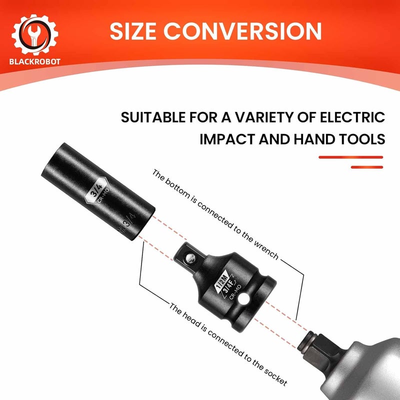 BLACKROBOT 3/4”F To 1/2”M Impact Socket Adapter, Cr-Mo Steel Exceeds ANSI Standards, Square Drive Reducer for Impact Driver Wrench - Image 5